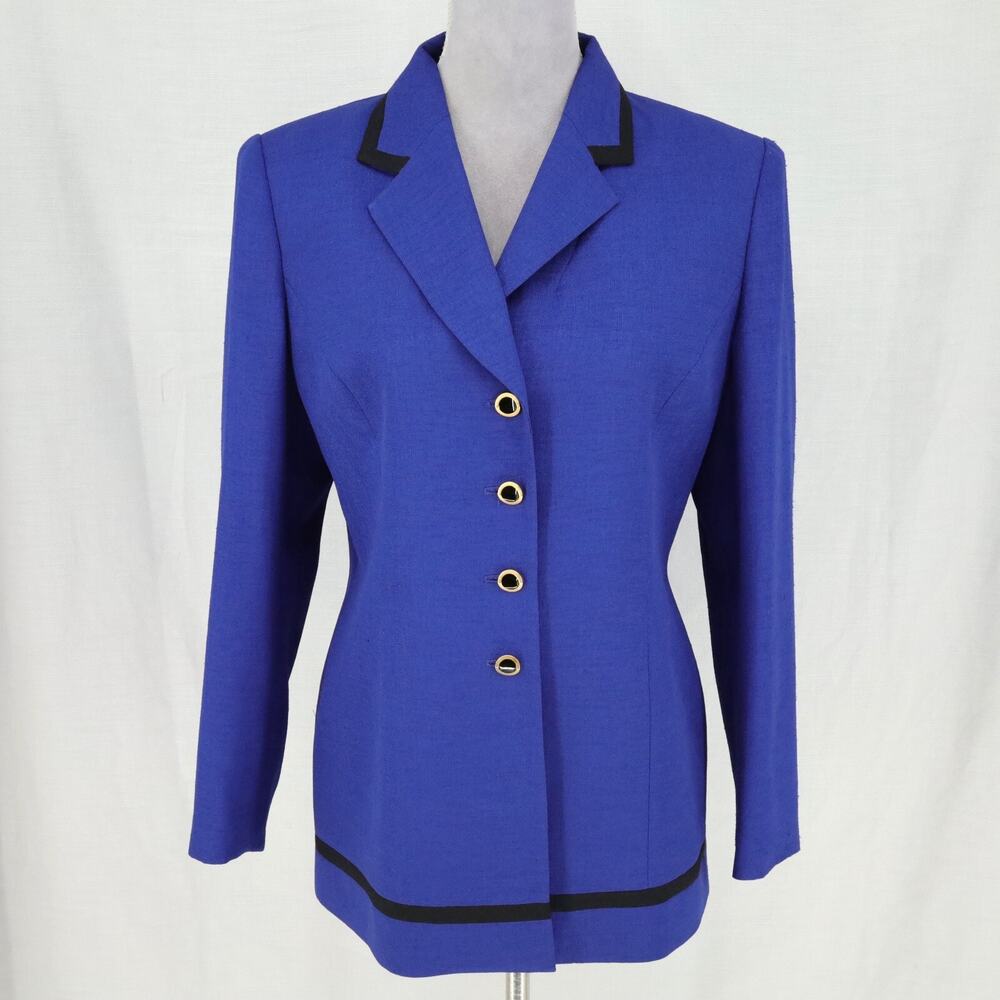 Kasper Jacket Petites 10P Blue Black Trim Lined Long Blazer Career Office - Picture 15 of 15